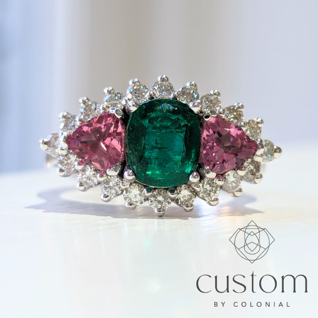 Custom: Emerald, Pink Tourmaline and Diamond Halo Family Ring