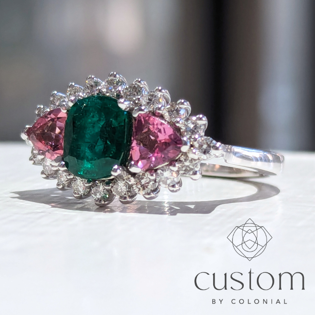Custom: Emerald, Pink Tourmaline and Diamond Halo Family Ring