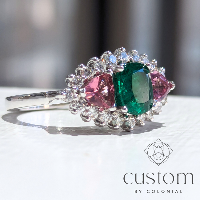 Custom: Emerald, Pink Tourmaline and Diamond Halo Family Ring