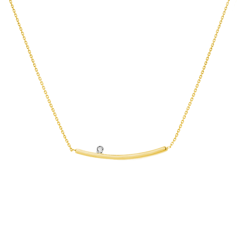 14 karat yellow gold bar necklace with One .10 carat round brilliant Diamond bezel set in 14 karat white gold.