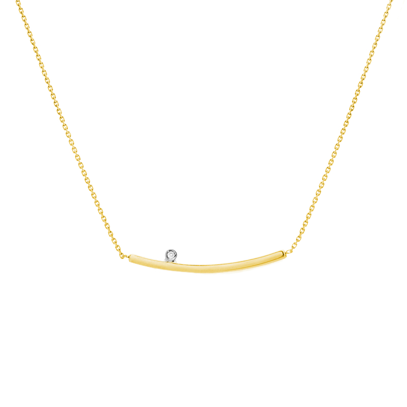 14 karat yellow gold bar necklace with One .10 carat round brilliant Diamond bezel set in 14 karat white gold.